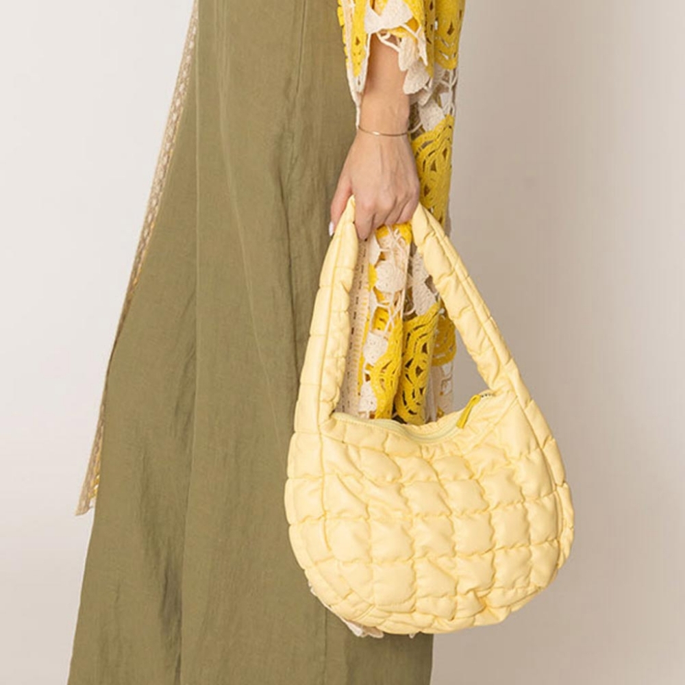 Yellow Faux Leather Puffer Tote Purse Quilted Casual Womens Fashion Shoulder Bag